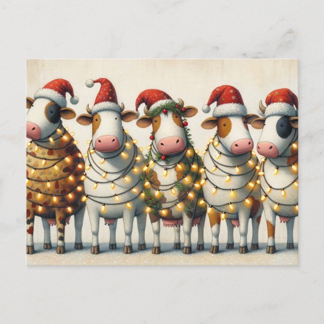 Cows with Santa Hat Christmas lights Holiday Postcard (Front)