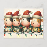 Cows with Santa Hat Christmas lights Holiday Postcard<br><div class="desc">Cows are adorned with Santa hats and wrapped in strands of bright, twinkling Christmas lights. The cows should have happy expressions, reflecting holiday cheer and merriment. They are standing against a subtle, textured cream-colored background, which adds to the warm, joyful atmosphere. This scene is perfect for a charming holiday greeting...</div>