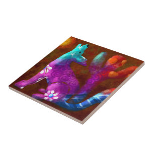 Coyote Abstract Art Saguaro Cactus Desert Brown Ceramic Tile