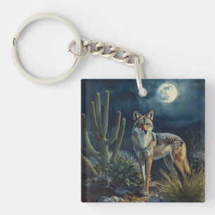 Coyote and Moon Desert Landscape Keychain