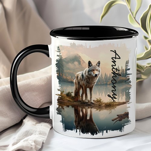 Coyote By Mountain Lake Reflection Mug