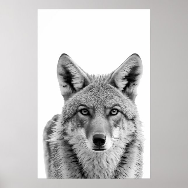Coyote Head Portrait art Black white  Poster (Front)