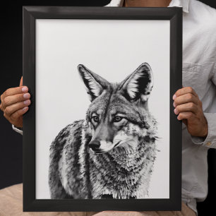 Coyote Head Portrait Black white Animal Poster