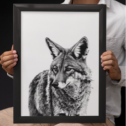 Coyote Head Portrait  Black white  Animal Poster