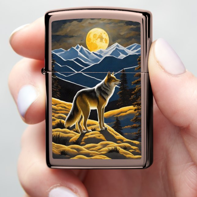Coyote Howling Under a Full Moon in Mountains Zippo Lighter (In Hand)