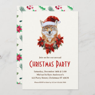 Coyote in a Santa Hat Poinsettias Christmas Party Invitation