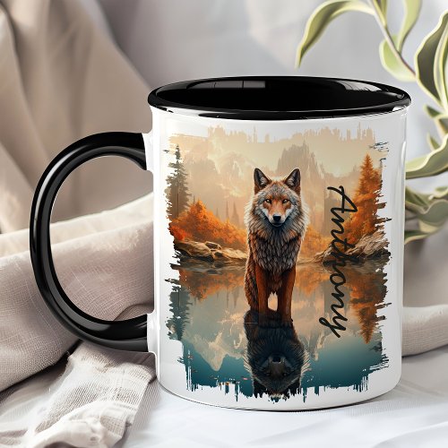 Coyote in Autumn Lake Reflection Mug