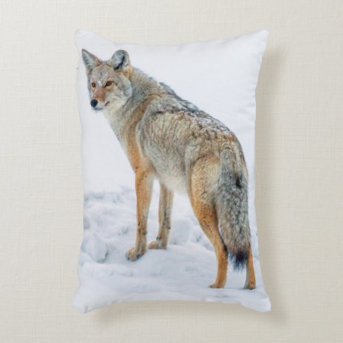 Coyote on alert in snow decorative pillow