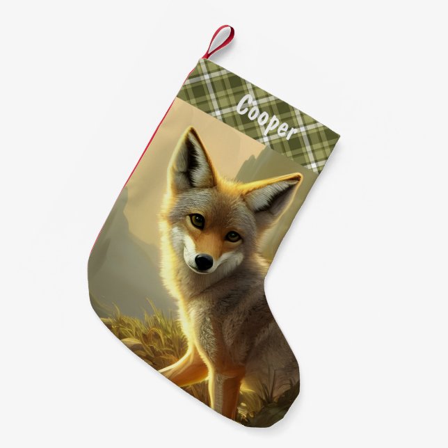 Coyote Pup Wildlife Portrait Personalized  Small Christmas Stocking (Front (Hanging))