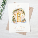 Coze home entrance door winter Christmas Holiday Card<br><div class="desc">White background,  snow outside and a cozy entrance door to a home.  Christmas decor.   Merry Christmas written with a trendy handlettered style script. 

Back: add your note and your names.</div>