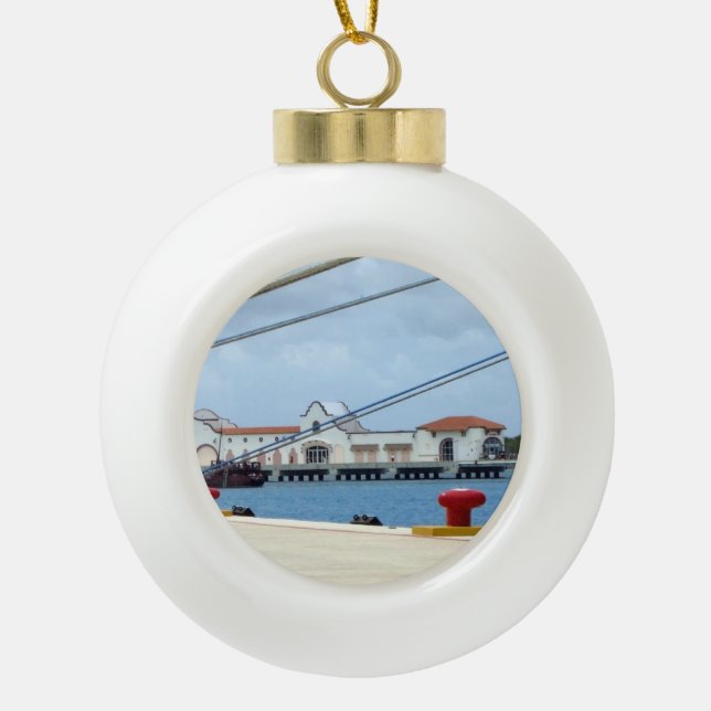 Cozumel Dockside Ceramic Ball Christmas Ornament (Front)