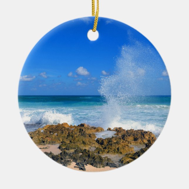 Cozumel Mexico Beach Wave Splash Water Spout Teal Ceramic Ornament (Front)