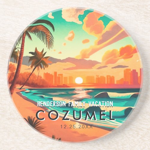 Cozumel Mexico Palm Tree Vintage Travel Souvenir Coaster