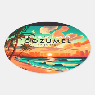 Cozumel Mexico Palm Tree Vintage Travel Souvenir Oval Sticker