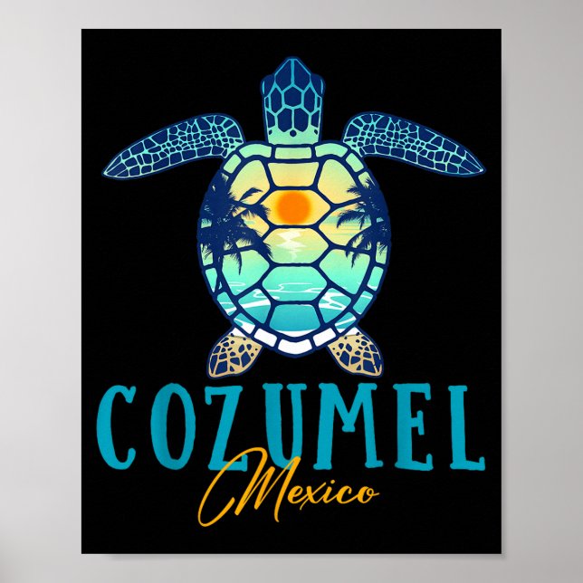 Cozumel Mexico Sea Turtle Palm Tree Sunset Beach V Poster (Front)