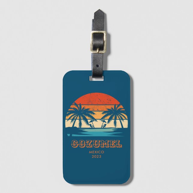 Cozumel Mexico Vintage sunset Matching Luggage Tag (Front Vertical)