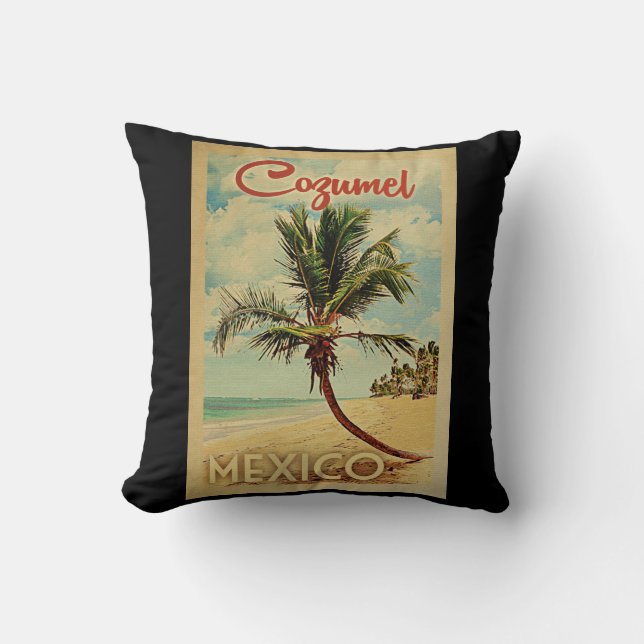 Cozumel Palm Tree Vintage Travel Throw Pillow (Front)