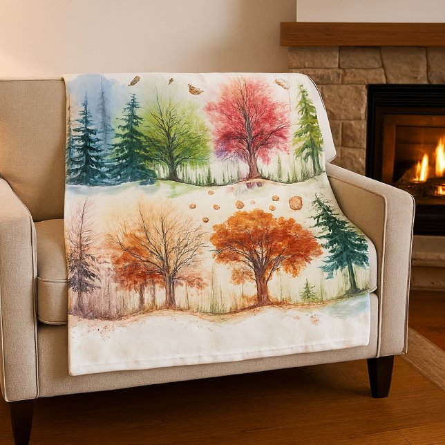 Cozy 4- Seasons Digital Watercolor  Fleece Blanket (AI image design by Susang6)