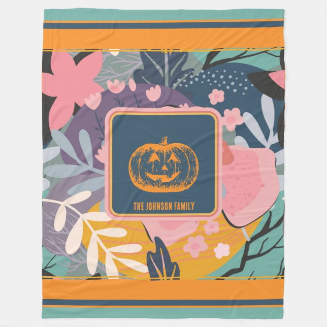 Cozy Abstract Floral Pumpkin Fleece Blanket (Front)