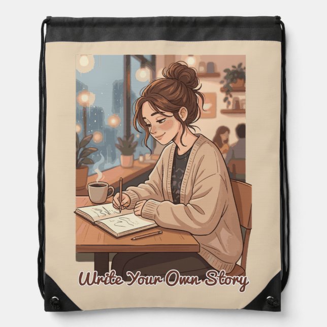 Cozy Aesthetic Write Your Own Story Journal Illust Drawstring Bag (Front)