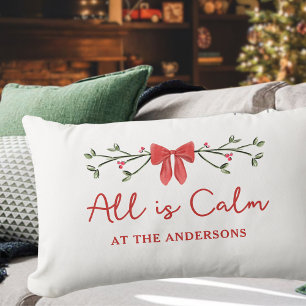 Cozy "All is Calm" Personalized Christmas Holiday  Lumbar Pillow