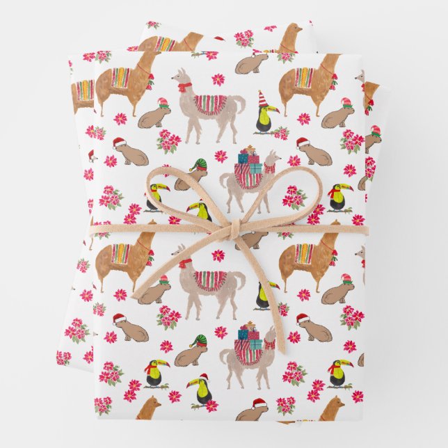 Cozy Alpaca Capybara Llama Hand-Illustrated Wrapping Paper Sheets (In situ)