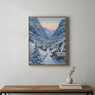 Cozy Alpine Village Dawn Snowy Mountain Valley  Faux Canvas Print