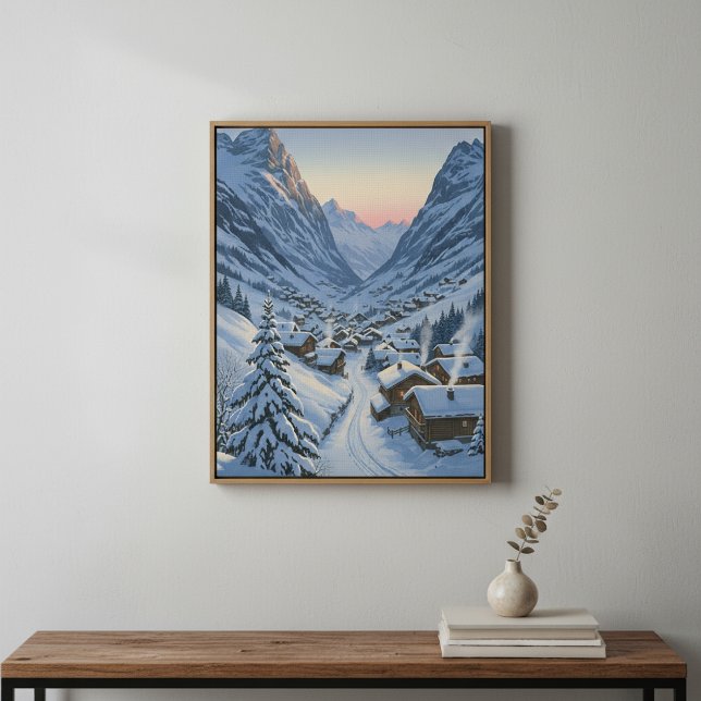 Cozy Alpine Village Dawn Snowy Mountain Valley  Faux Canvas Print (Creator Uploaded)