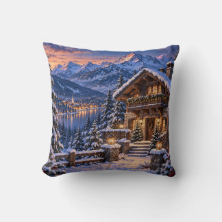 Cozy Alpine Winter Chalet Mountain Throw Pillow