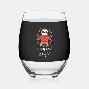 Cozy And Bright Sloth Christmas Lights (3) Stemless Wine Glass