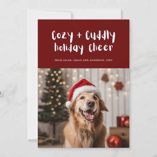 Cozy and Cuddly Cheer Burgundy Pet Family Photo Holiday Card