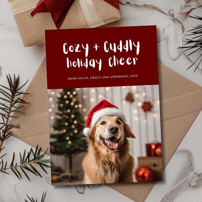 Cozy and Cuddly Cheer Burgundy Pet Family Photo Holiday Card (Creator Uploaded)