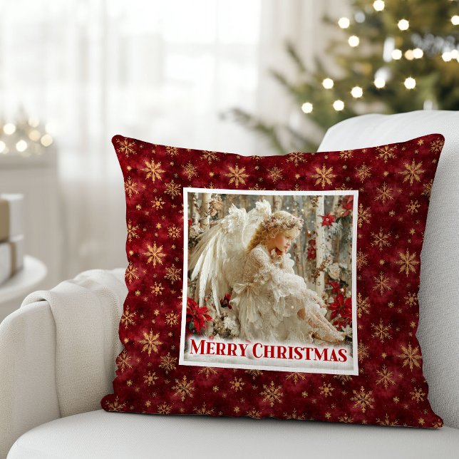 Cozy Angel Poinsettia Red Gold Custom Name Christm Throw Pillow (Cozy Angel Poinsettia Red Gold Custom Name Christmas Pillow

)
