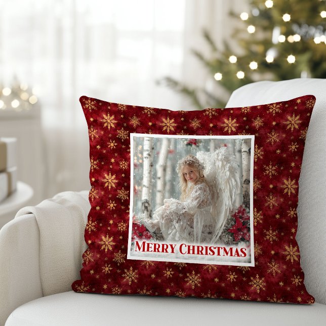 Cozy Angel Poinsettia Red Gold Festive Christmas  Throw Pillow (Cozy Angel Poinsettia Red Gold Festive Christmas Pillow

)
