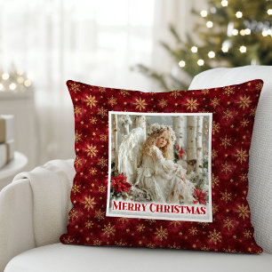 Cozy Angelic Red Gold Christmas Pillow Gift
