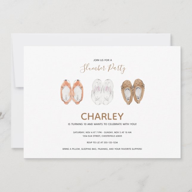 Cozy Animal Slippers Slumber Birthday Party Invitation (Front)