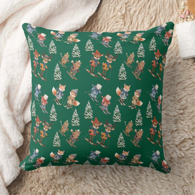 Cozy Animals Skiing Throw Pillow (Blanket)