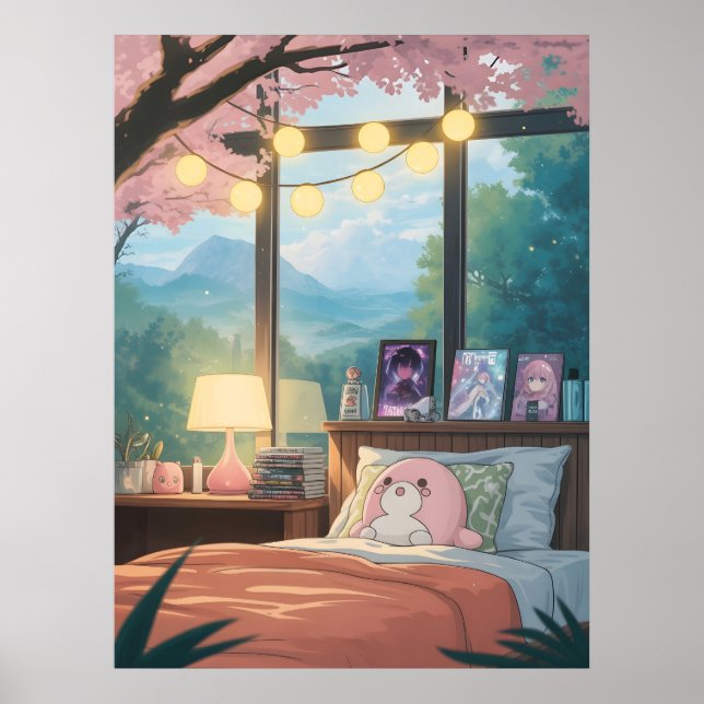 Cozy Anime Bedroom Kawaii Cherry Blossom Anime Poster (Front)