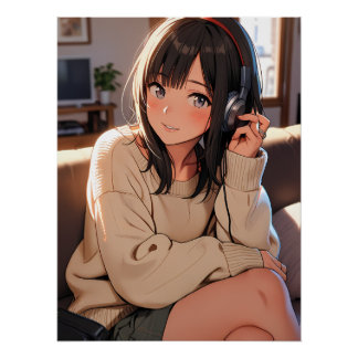 Cozy Anime Girl Headphones Music Aesthetic Art Poster