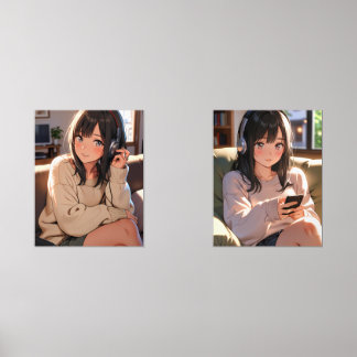 Cozy Anime Girl Headphones Music Aesthetic Art Wall Art Sets