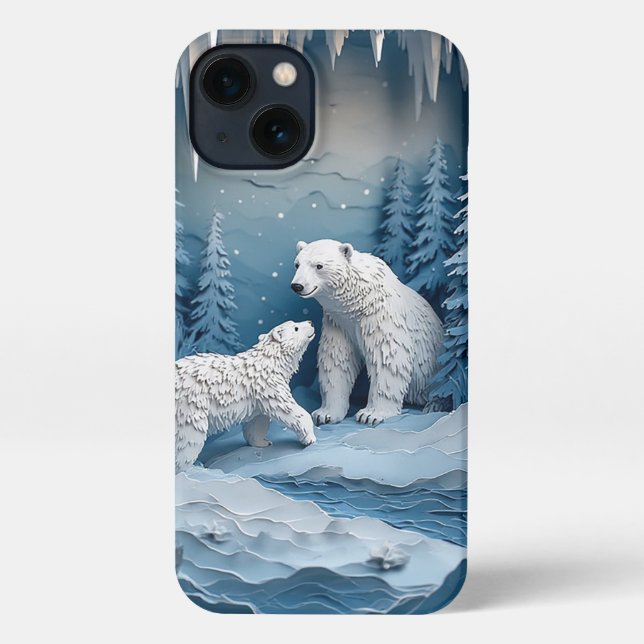 Cozy Arctic Paper Scene ✨ Polar Bears Snowy Winter iPhone Case (Back)