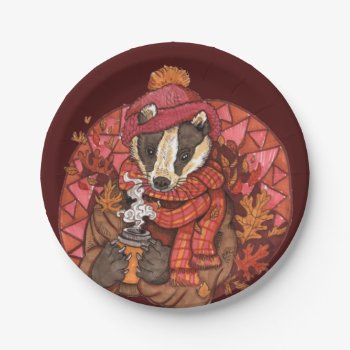 Cozy Autumn Badger Art Paper Plates by Shadowind_ErinCooper at Zazzle