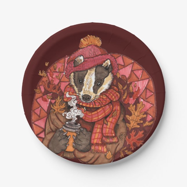 Cozy Autumn Badger Art Paper Plates (Front)
