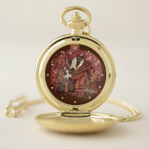 Cozy Autumn Badger Art Pocket Watch