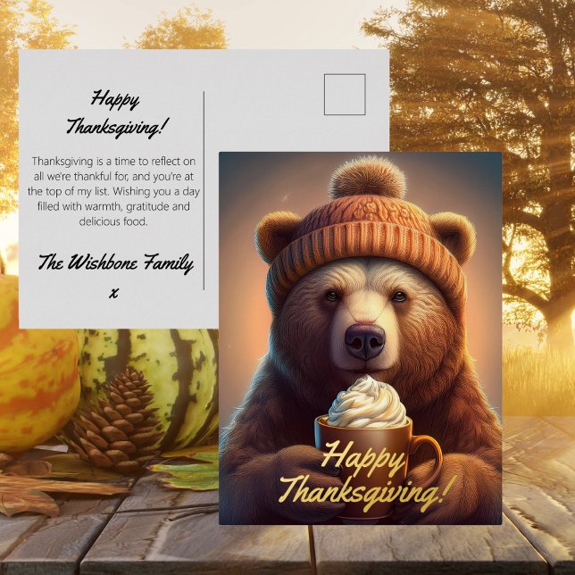 Cozy Autumn Bear Woodland Thanksgiving Foil Holiday Postcard (Happy Thanksgiving postcard greeting card gratitude thanks brown bear real foil heartfelt pumpkin)