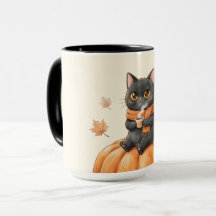 Cozy Autumn Black Cat Kawaii Pumpkin Spice Latte
