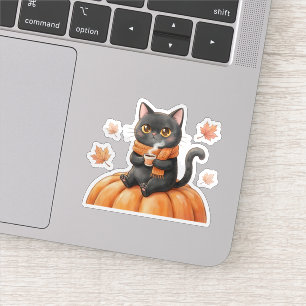 Cozy Autumn Black Cat Kawaii Pumpkin Spice Latte  Sticker