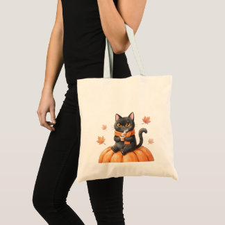 Cozy Autumn Black Cat Kawaii Pumpkin Spice Latte Tote Bag