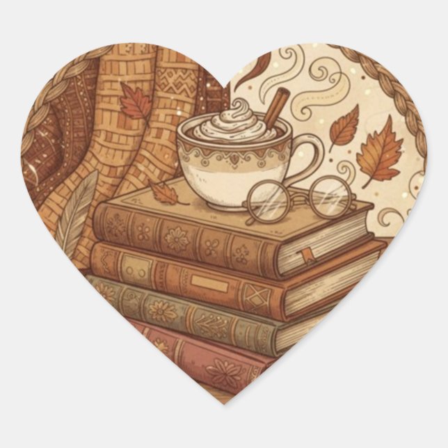 Cozy Autumn Books and Coffee Illustration Heart Sticker (Front)