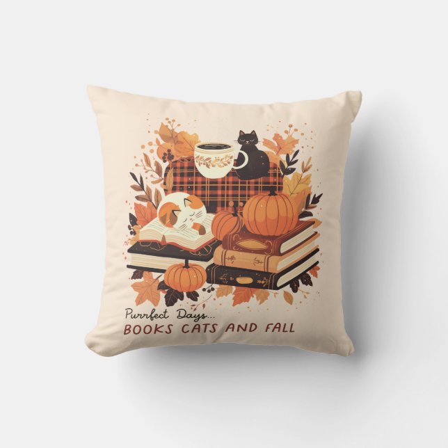 Cozy Autumn Cats & Books Throw Pillow – Fall Decor (Front)